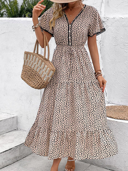 Midi Dresses- Leopard Print Maxi Midi Dress: Tiered Adjustable Waist-Tie Dresses- - IndioGear Fashion and Gear