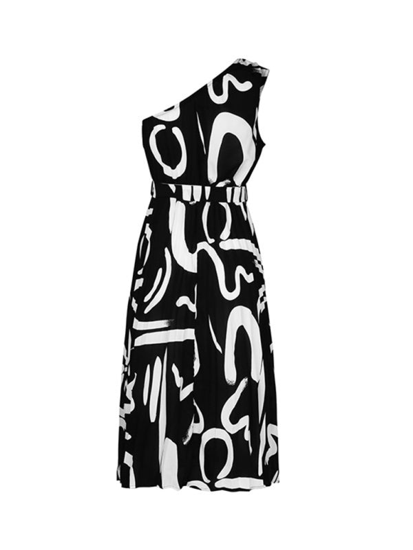 Midi Dresses- Letter Print Asymmetric Design One Shoulder Midi Dress- - IndioGear Fashion and Gear