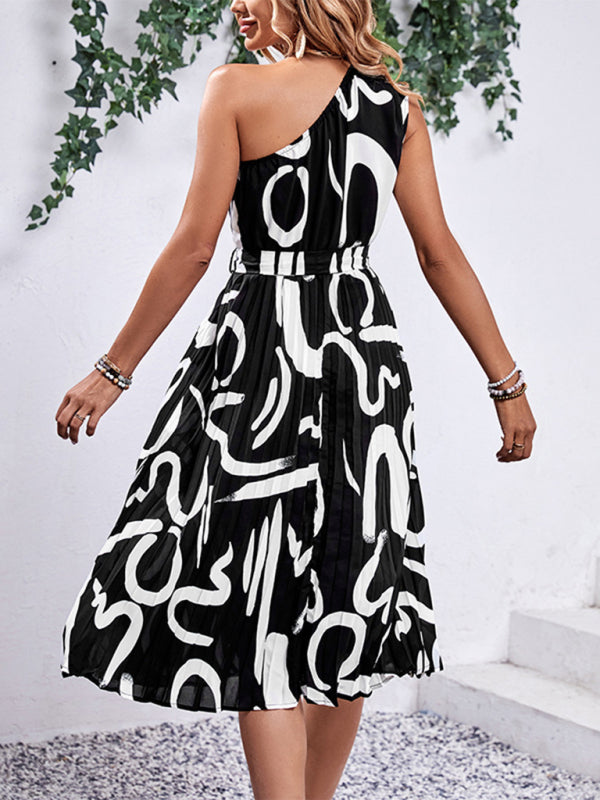 Midi Dresses- Letter Print Asymmetric Design One Shoulder Midi Dress- - IndioGear Fashion and Gear