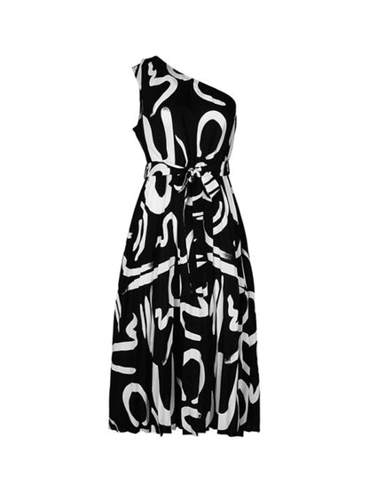 Midi Dresses- Letter Print Asymmetric Design One Shoulder Midi Dress- - IndioGear Fashion and Gear