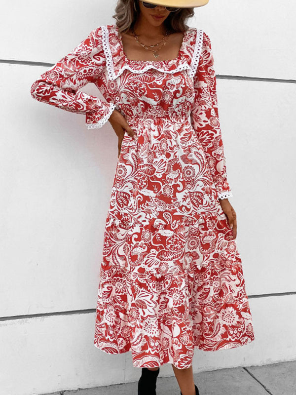 Midi Dresses- Paisley Square Neck Dress: Ruffle & French Lace Accents, Long Sleeves- - Pekosa Women Clothing