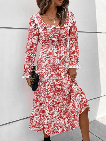 Midi Dresses- Paisley Square Neck Dress: Ruffle & French Lace Accents, Long Sleeves- Red- Pekosa Women Clothing