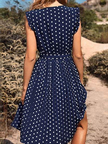 Midi Dresses- Polka Dot Pleated Belt Tie Midi Dress- - IndioGear Fashion and Gear