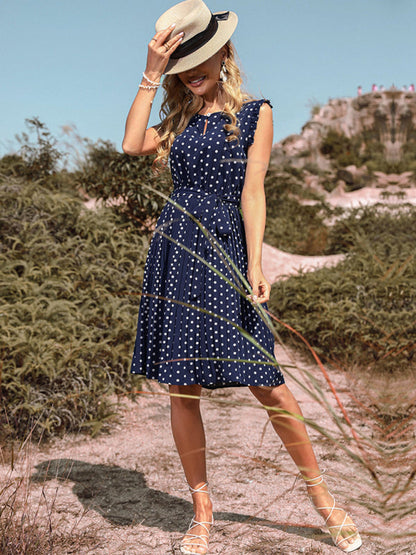 Midi Dresses- Polka Dot Pleated Belt Tie Midi Dress- - IndioGear Fashion and Gear