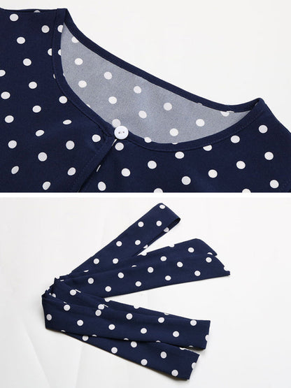 Midi Dresses- Polka Dot Pleated Belt Tie Midi Dress- - IndioGear Fashion and Gear