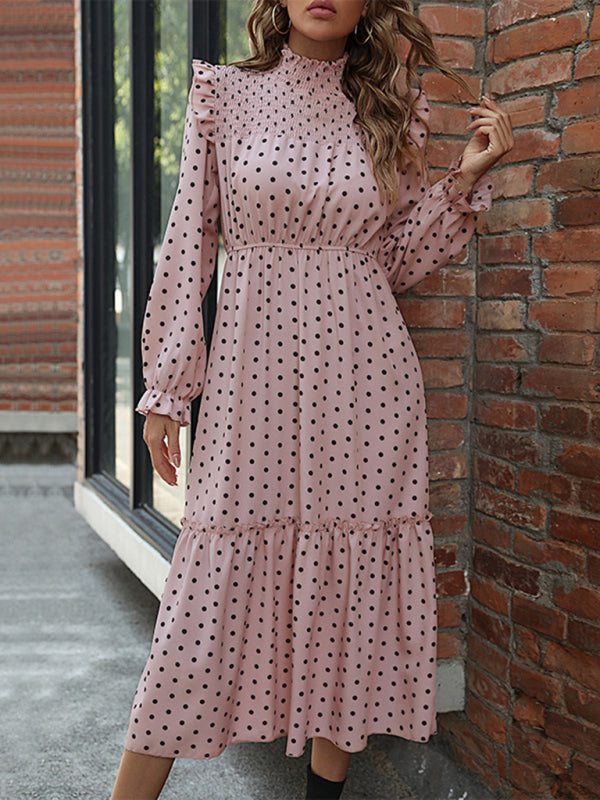 Midi Dresses- Polka Dot Ruffle Smocked Neck Long Sleeve Dress- - IndioGear Fashion and Gear