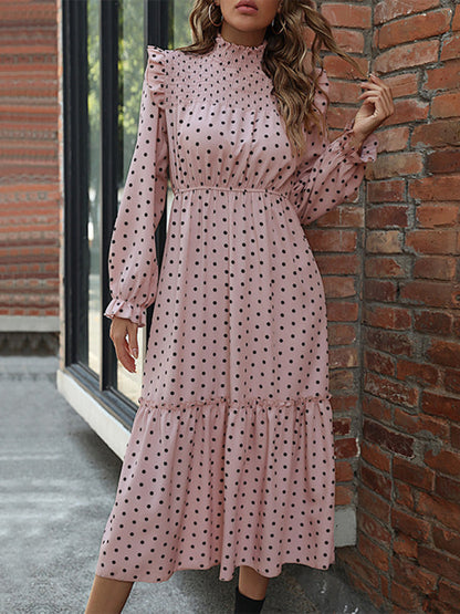 Midi Dresses- Polka Dot Ruffle Smocked Neck Long Sleeve Dress- - IndioGear Fashion and Gear