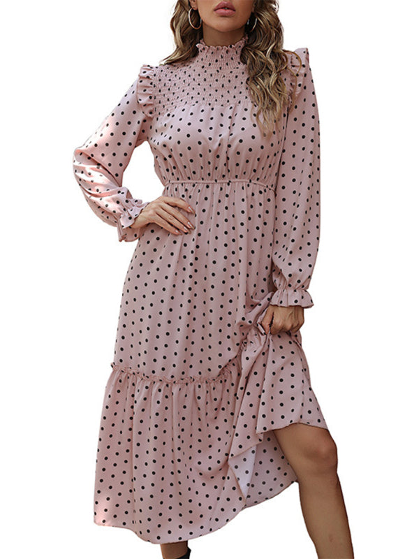 Midi Dresses- Polka Dot Ruffle Smocked Neck Long Sleeve Dress- - IndioGear Fashion and Gear