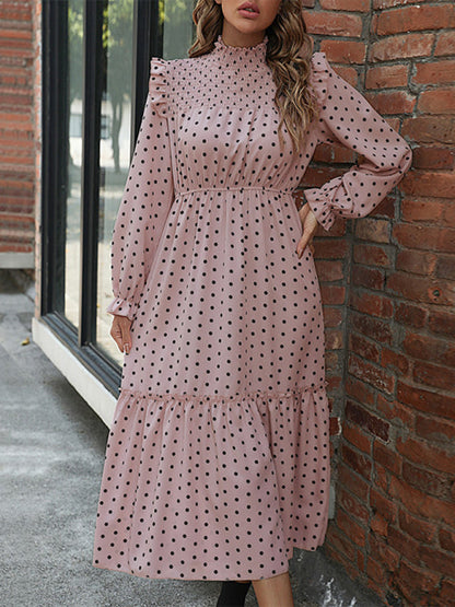 Midi Dresses- Polka Dot Ruffle Smocked Neck Long Sleeve Dress- - IndioGear Fashion and Gear