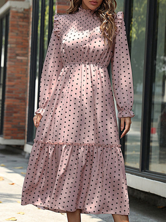 Midi Dresses- Polka Dot Ruffle Smocked Neck Long Sleeve Dress- Pink- IndioGear Fashion and Gear