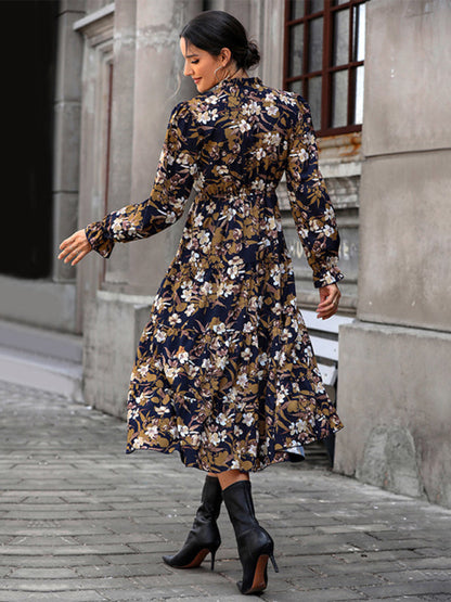 Midi Dresses-Romantic Floral A-Line Midi Dress with Gathered Waist & Lantern Sleeves-Pekosa Women Clothing