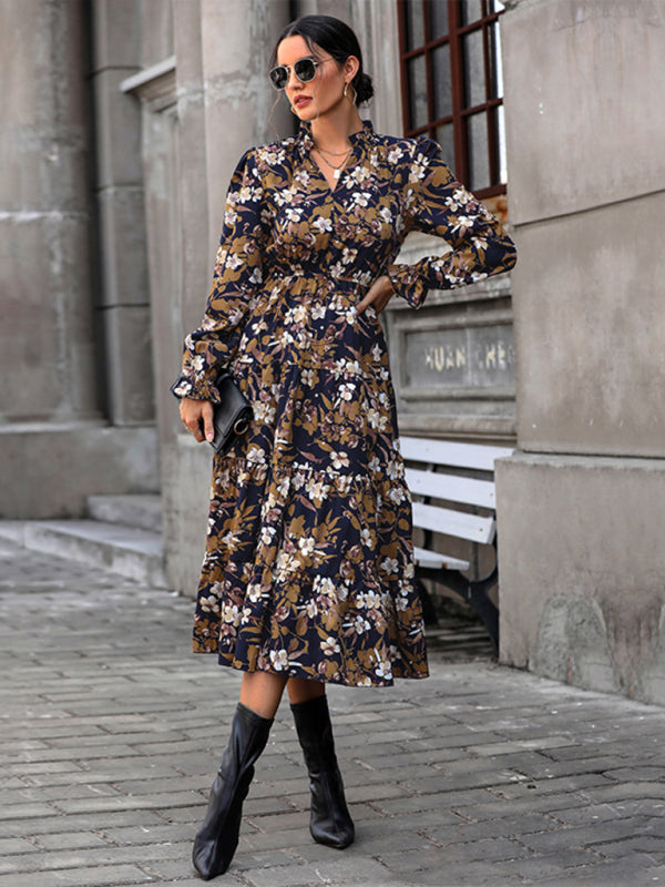 Midi Dresses-Romantic Floral A-Line Midi Dress with Gathered Waist & Lantern Sleeves-Pekosa Women Clothing