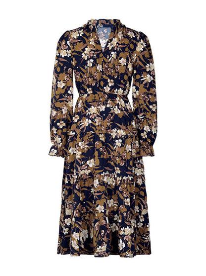 Midi Dresses-Romantic Floral A-Line Midi Dress with Gathered Waist & Lantern Sleeves-Pekosa Women Clothing