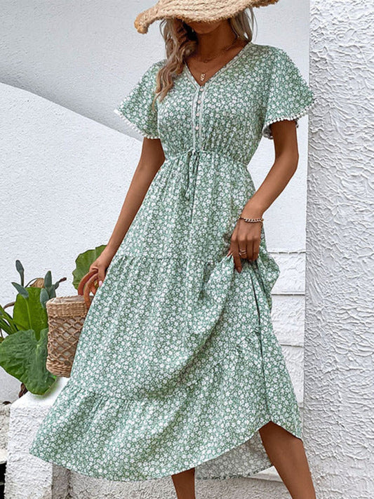 Midi Dresses- Romantic Floral V-Neck Tiered Midi Dress for Any Occasion- Green- IndioGear Fashion and Gear