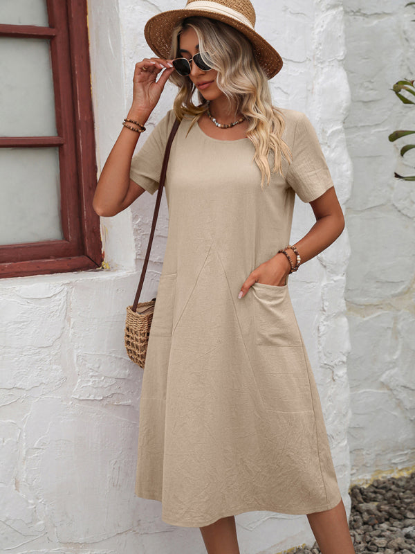 Midi Dresses- Round Neck Cotton Linen Midi Dress with Pockets- Beige khaki- IndioGear Fashion and Gear