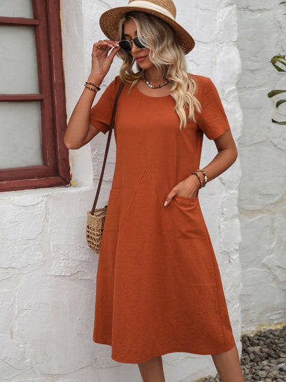 Midi Dresses- Round Neck Cotton Linen Midi Dress with Pockets- - IndioGear Fashion and Gear