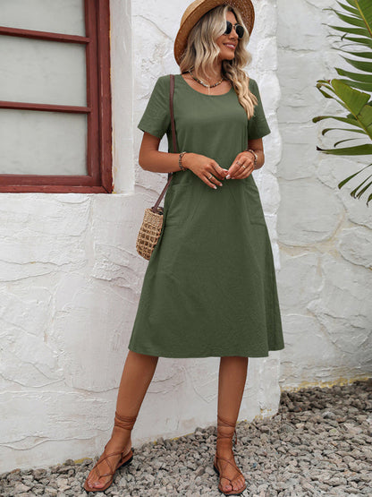 Midi Dresses- Round Neck Cotton Linen Midi Dress with Pockets- - IndioGear Fashion and Gear