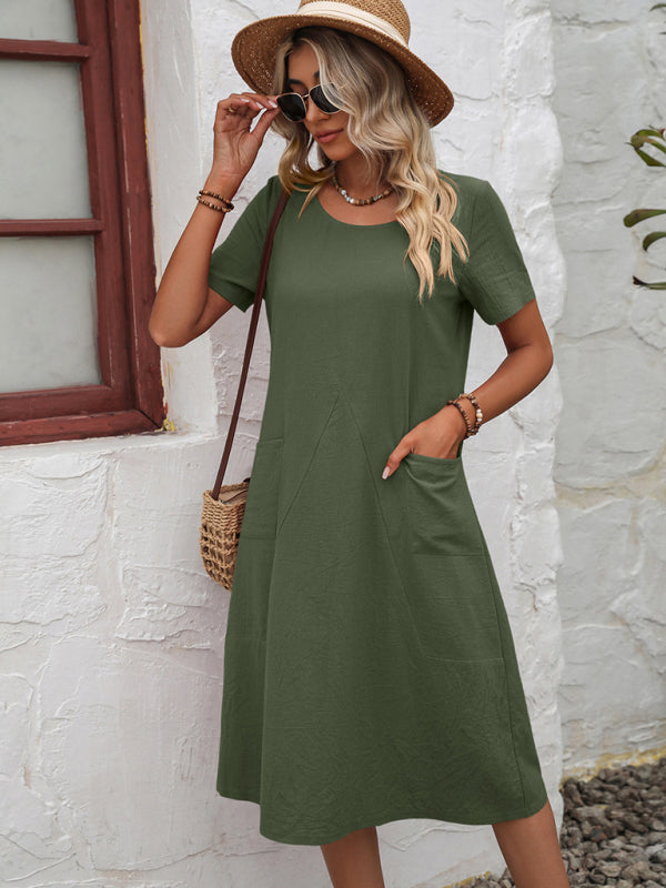 Midi Dresses- Round Neck Cotton Linen Midi Dress with Pockets- Olive green- IndioGear Fashion and Gear