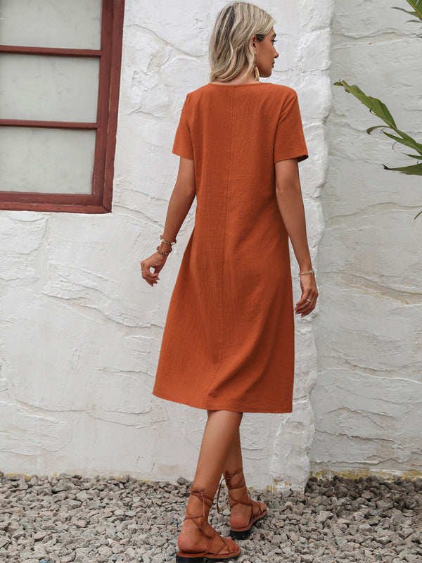 Midi Dresses- Round Neck Cotton Linen Midi Dress with Pockets- - IndioGear Fashion and Gear