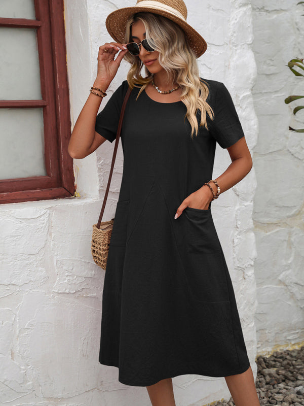 Midi Dresses- Round Neck Cotton Linen Midi Dress with Pockets- Black- IndioGear Fashion and Gear