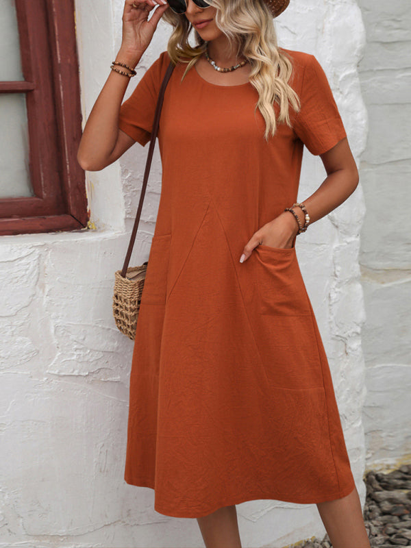 Midi Dresses- Round Neck Cotton Linen Midi Dress with Pockets- Orange Rust- IndioGear Fashion and Gear