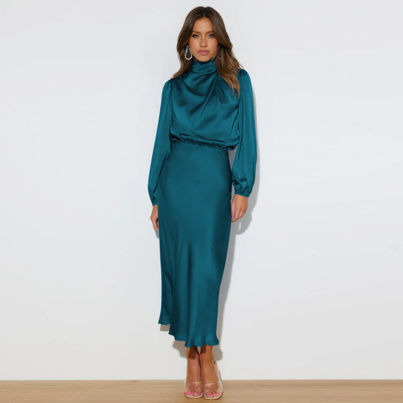 Midi Dresses- Satin Midi Dress with Cowl Drapes & Long Sleeves for Any Occasion- Purplish blue navy- IndioGear Fashion and Gear