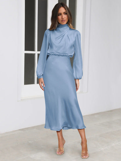 Midi Dresses- Satin Midi Dress with Cowl Drapes & Long Sleeves for Any Occasion- - IndioGear Fashion and Gear