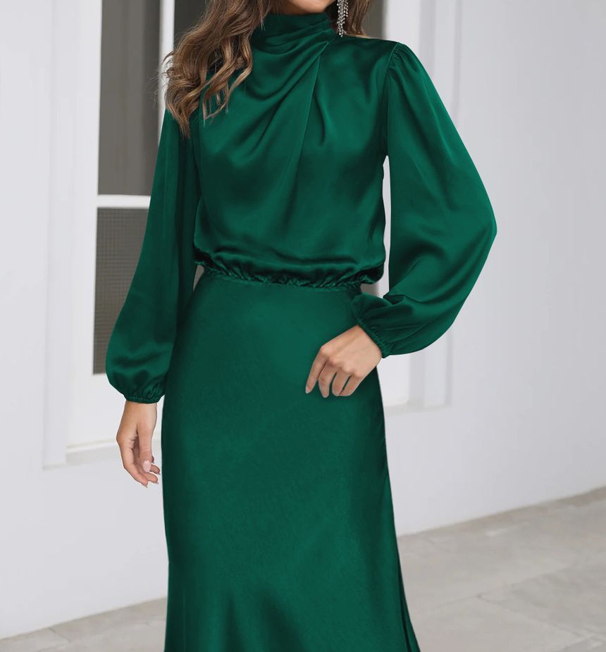 Midi Dresses- Satin Midi Dress with Cowl Drapes & Long Sleeves for Any Occasion- - IndioGear Fashion and Gear