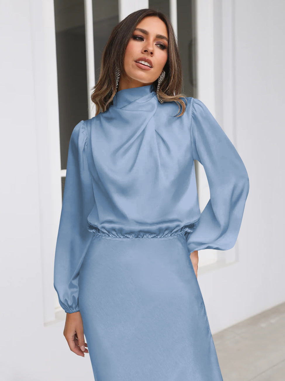 Midi Dresses- Satin Midi Dress with Cowl Drapes & Long Sleeves for Any Occasion- - IndioGear Fashion and Gear