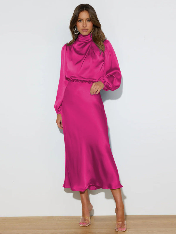 Midi Dresses- Satin Midi Dress with Cowl Drapes & Long Sleeves for Any Occasion- Rose- IndioGear Fashion and Gear