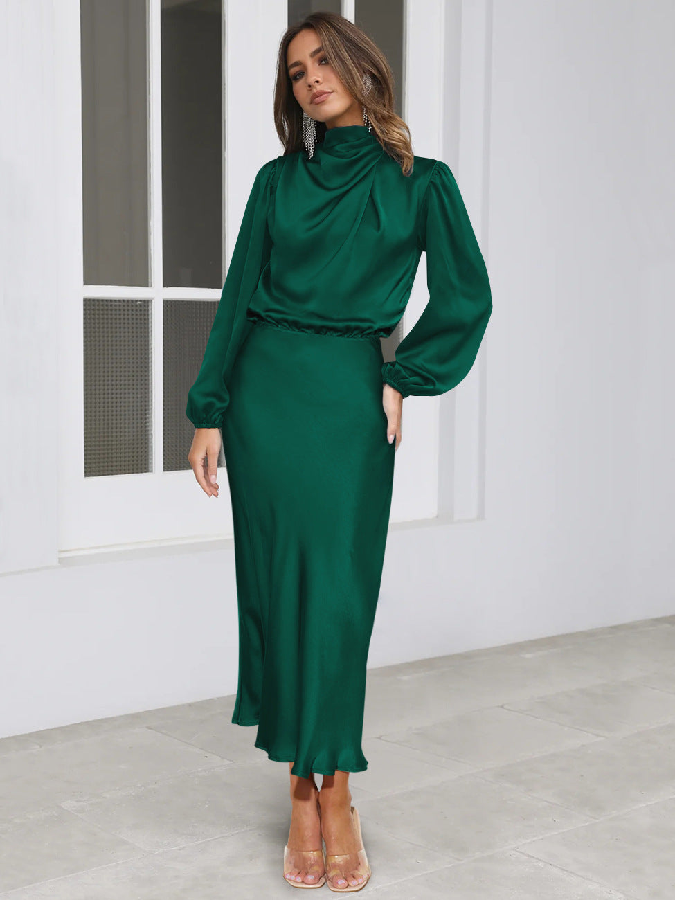 Midi Dresses- Satin Midi Dress with Cowl Drapes & Long Sleeves for Any Occasion- - IndioGear Fashion and Gear