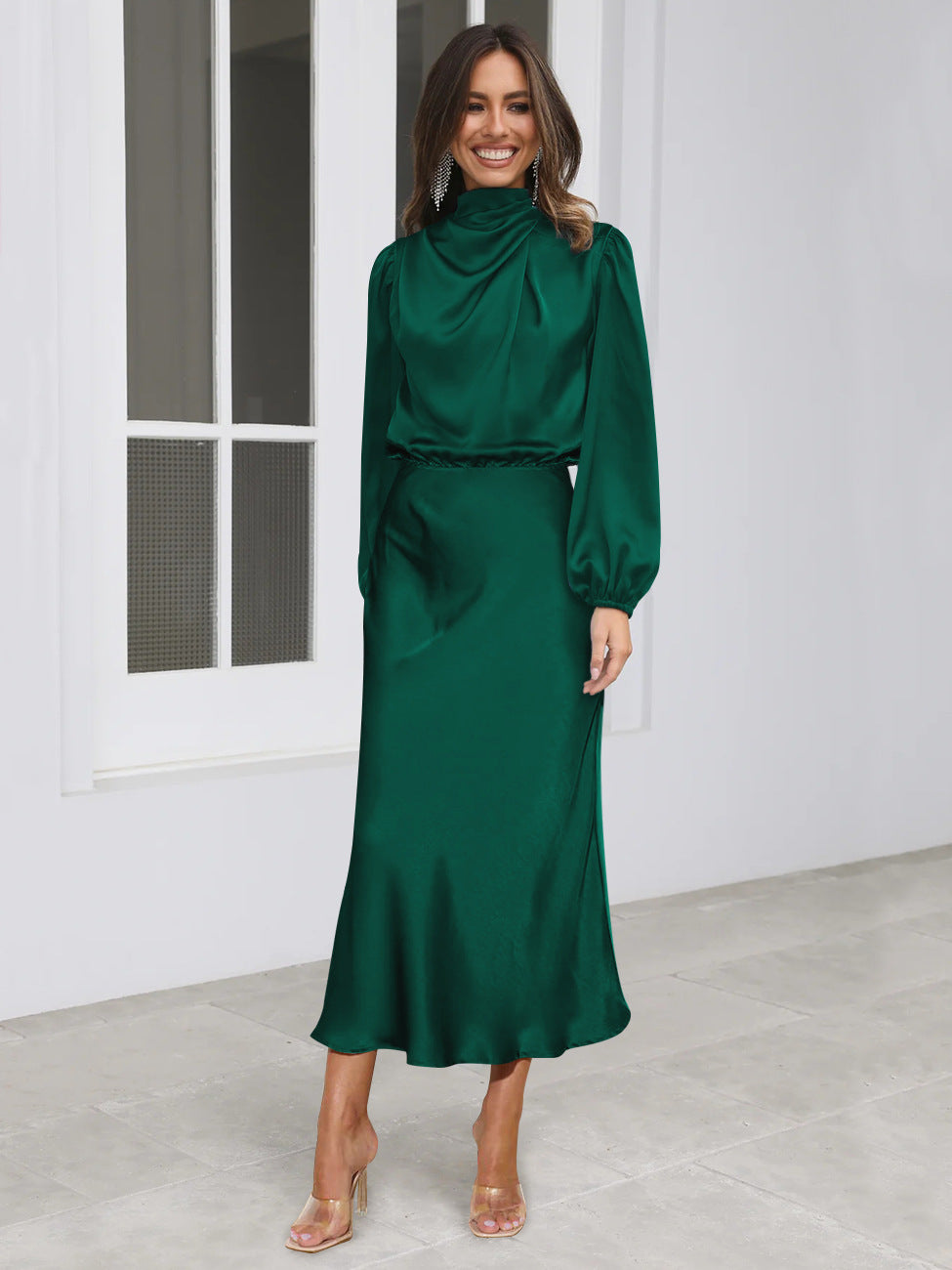 Midi Dresses- Satin Midi Dress with Cowl Drapes & Long Sleeves for Any Occasion- - IndioGear Fashion and Gear