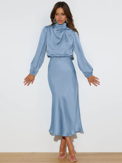 Midi Dresses- Satin Midi Dress with Cowl Drapes & Long Sleeves for Any Occasion- - IndioGear Fashion and Gear