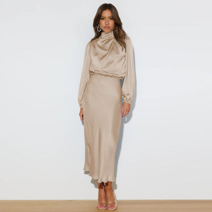 Midi Dresses- Satin Midi Dress with Cowl Drapes & Long Sleeves for Any Occasion- - IndioGear Fashion and Gear