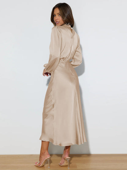 Midi Dresses- Satin Midi Dress with Cowl Drapes & Long Sleeves for Any Occasion- - IndioGear Fashion and Gear