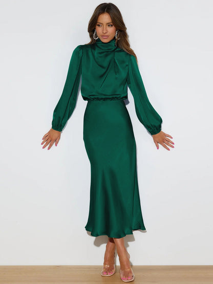 Midi Dresses- Satin Midi Dress with Cowl Drapes & Long Sleeves for Any Occasion- - IndioGear Fashion and Gear