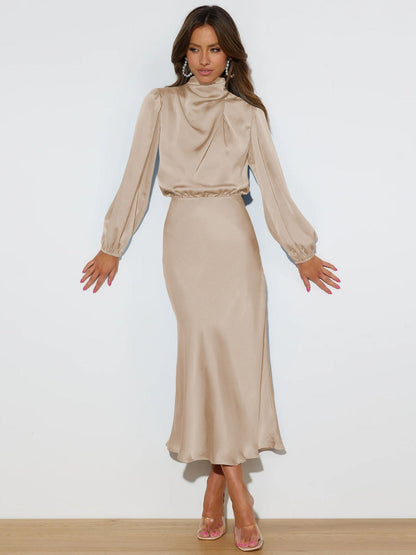 Midi Dresses- Satin Midi Dress with Cowl Drapes & Long Sleeves for Any Occasion- - IndioGear Fashion and Gear