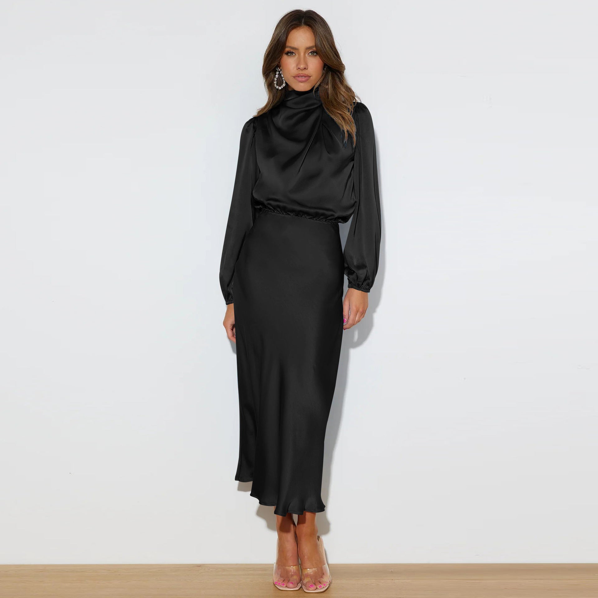 Midi Dresses- Satin Midi Dress with Cowl Drapes & Long Sleeves for Any Occasion- - IndioGear Fashion and Gear