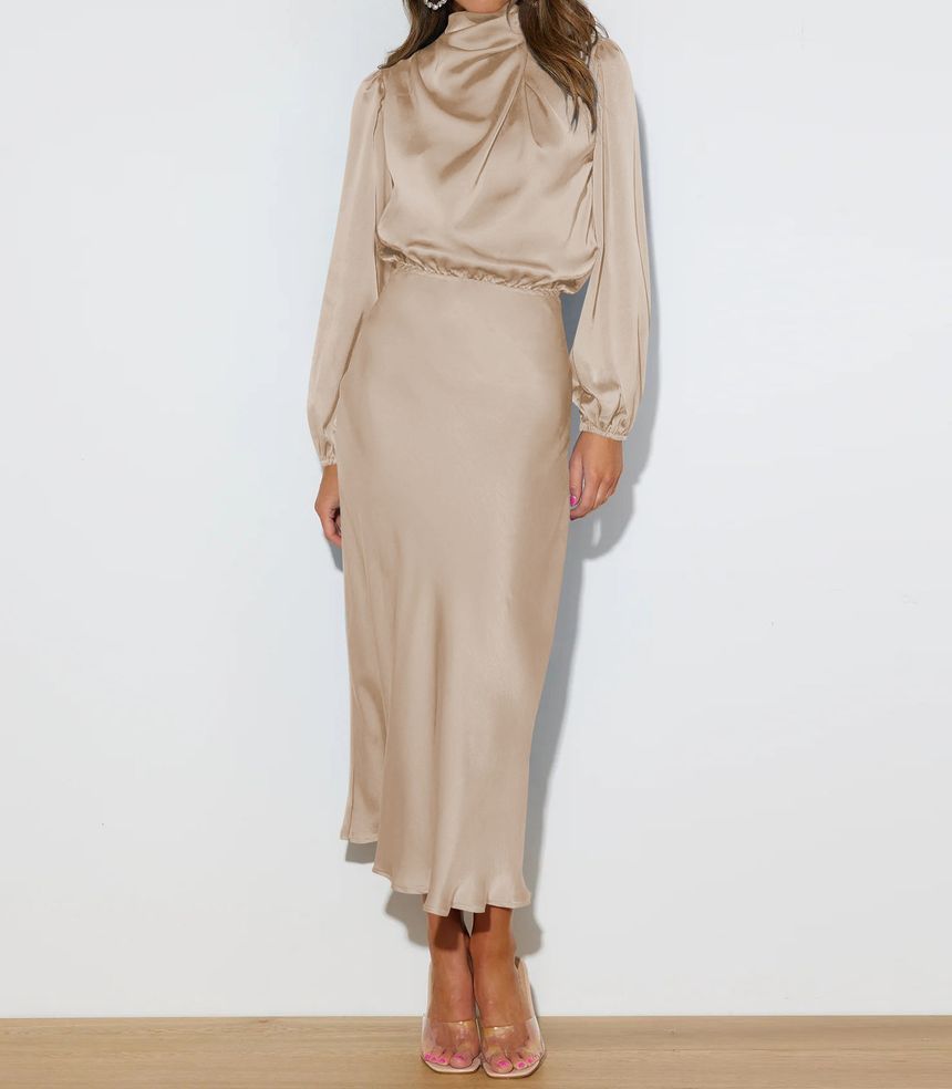 Midi Dresses- Satin Midi Dress with Cowl Drapes & Long Sleeves for Any Occasion- - IndioGear Fashion and Gear