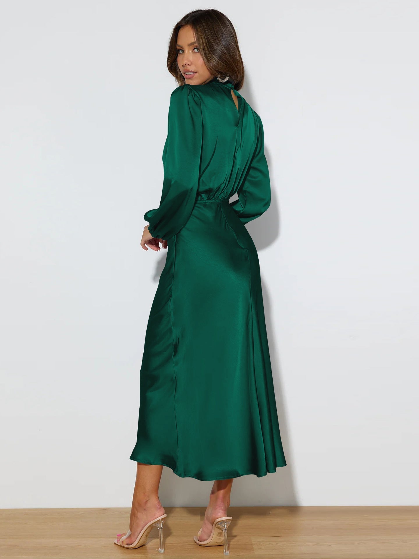 Midi Dresses- Satin Midi Dress with Cowl Drapes & Long Sleeves for Any Occasion- - IndioGear Fashion and Gear