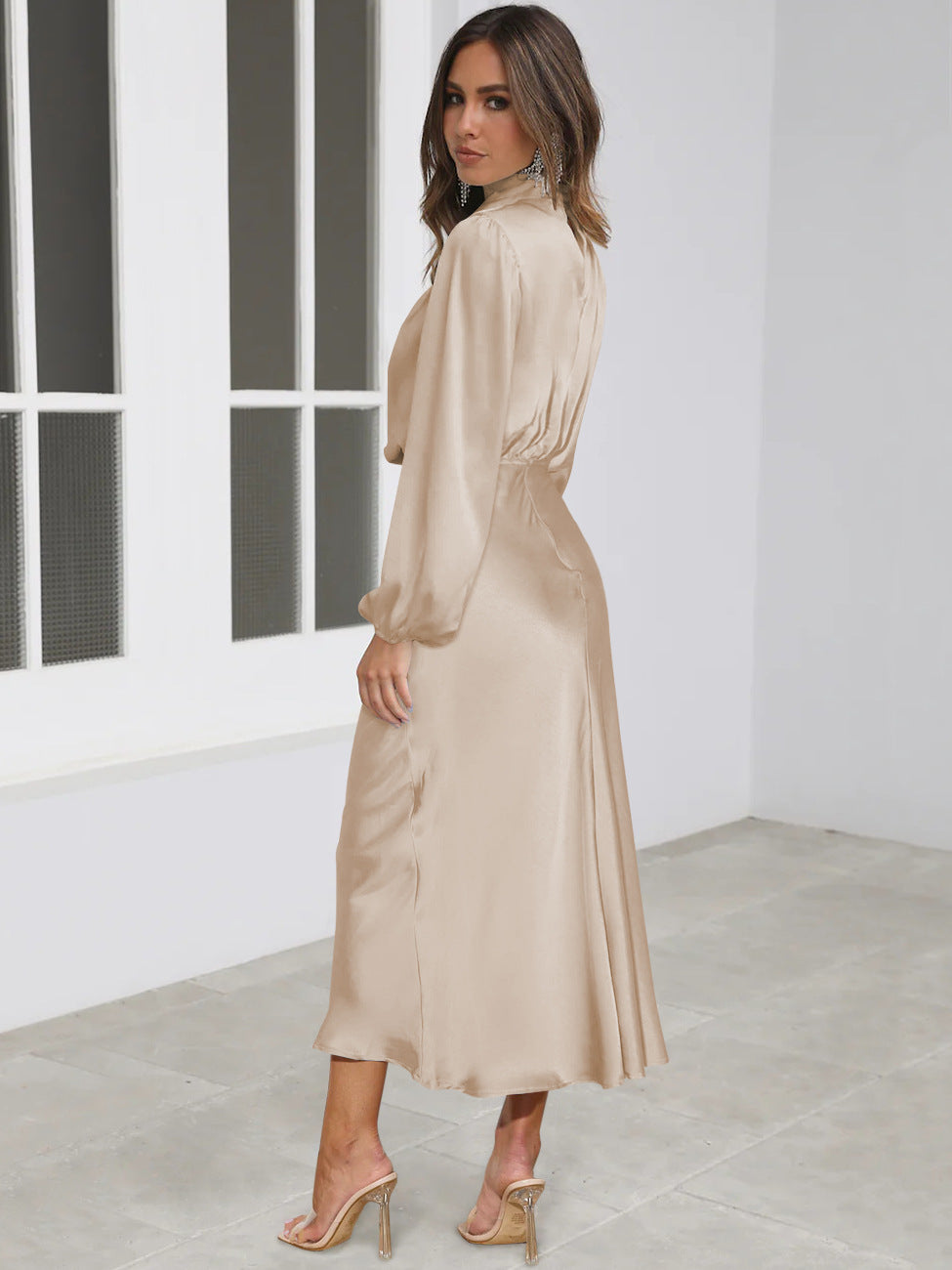 Midi Dresses- Satin Midi Dress with Cowl Drapes & Long Sleeves for Any Occasion- - IndioGear Fashion and Gear