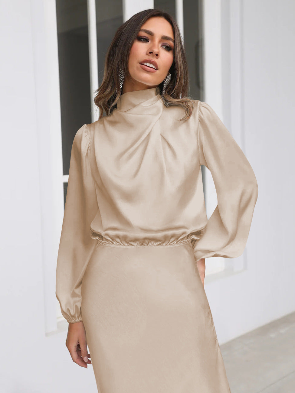 Midi Dresses- Satin Midi Dress with Cowl Drapes & Long Sleeves for Any Occasion- - IndioGear Fashion and Gear