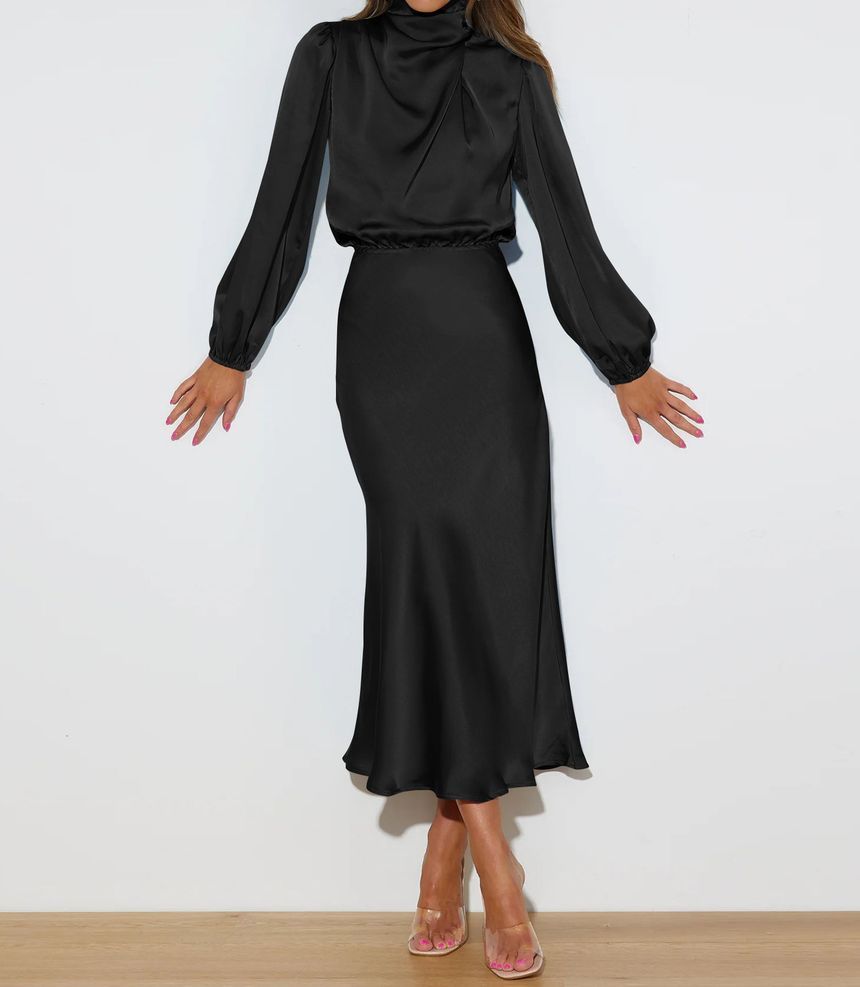 Midi Dresses- Satin Midi Dress with Cowl Drapes & Long Sleeves for Any Occasion- - IndioGear Fashion and Gear