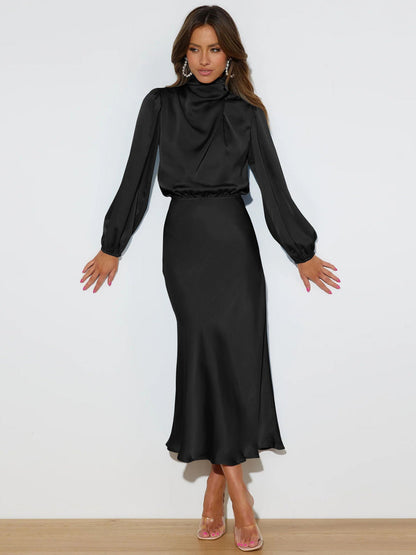 Midi Dresses- Satin Midi Dress with Cowl Drapes & Long Sleeves for Any Occasion- - IndioGear Fashion and Gear