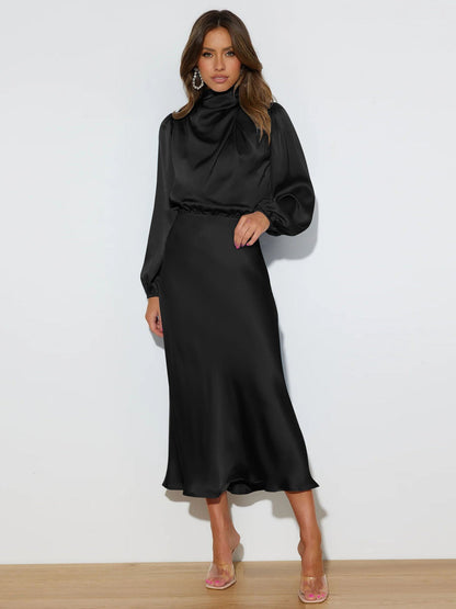 Midi Dresses- Satin Midi Dress with Cowl Drapes & Long Sleeves for Any Occasion- - IndioGear Fashion and Gear