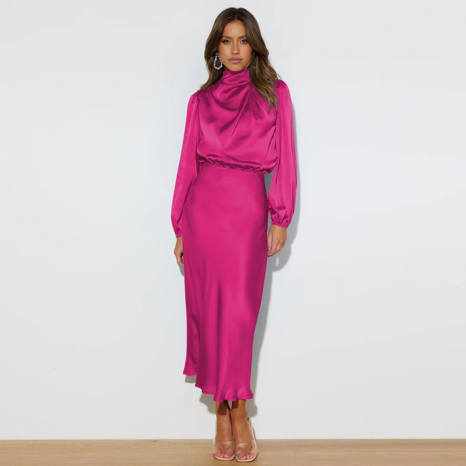 Midi Dresses- Satin Midi Dress with Cowl Drapes & Long Sleeves for Any Occasion- - IndioGear Fashion and Gear