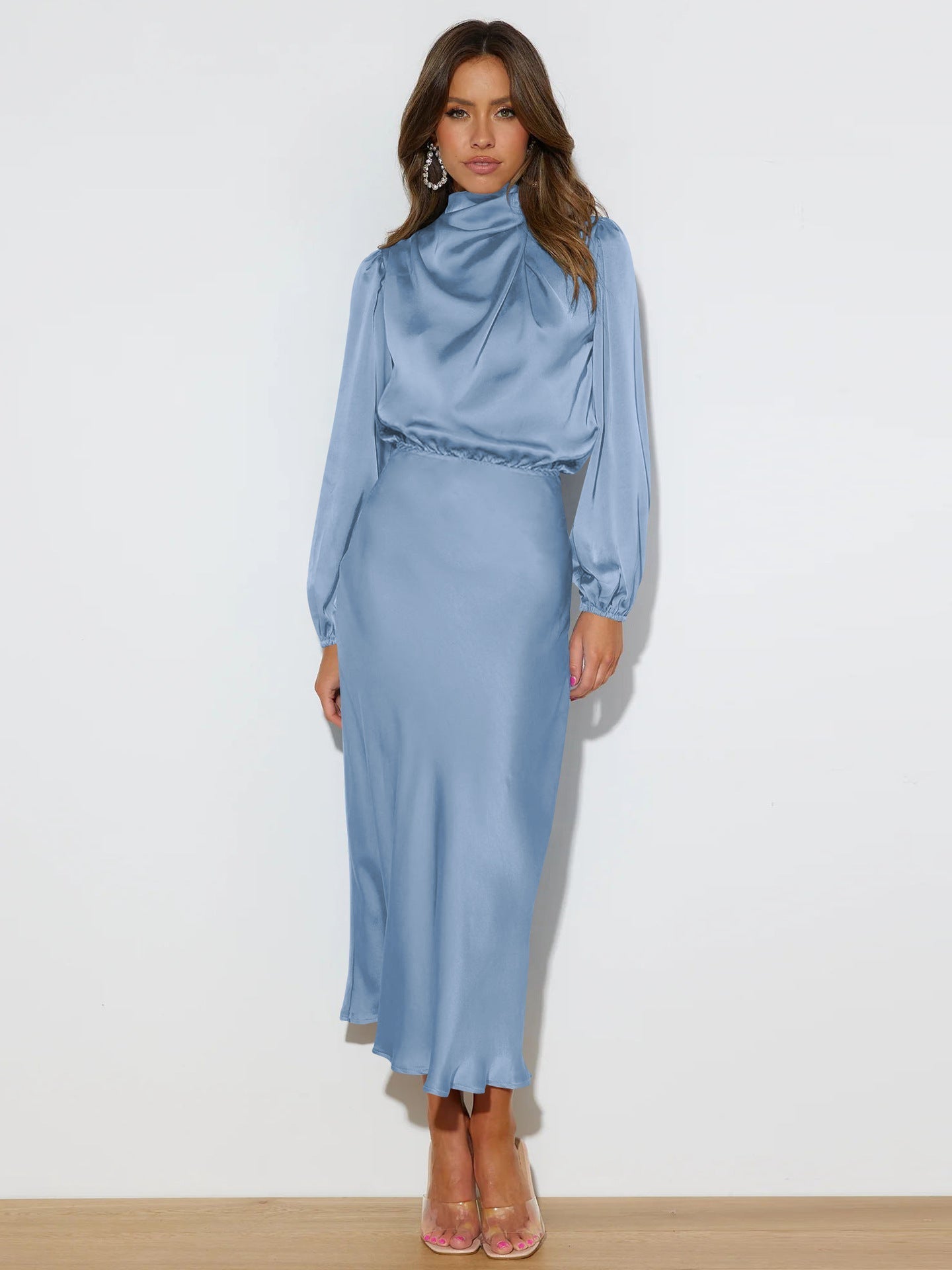 Midi Dresses- Satin Midi Dress with Cowl Drapes & Long Sleeves for Any Occasion- - IndioGear Fashion and Gear