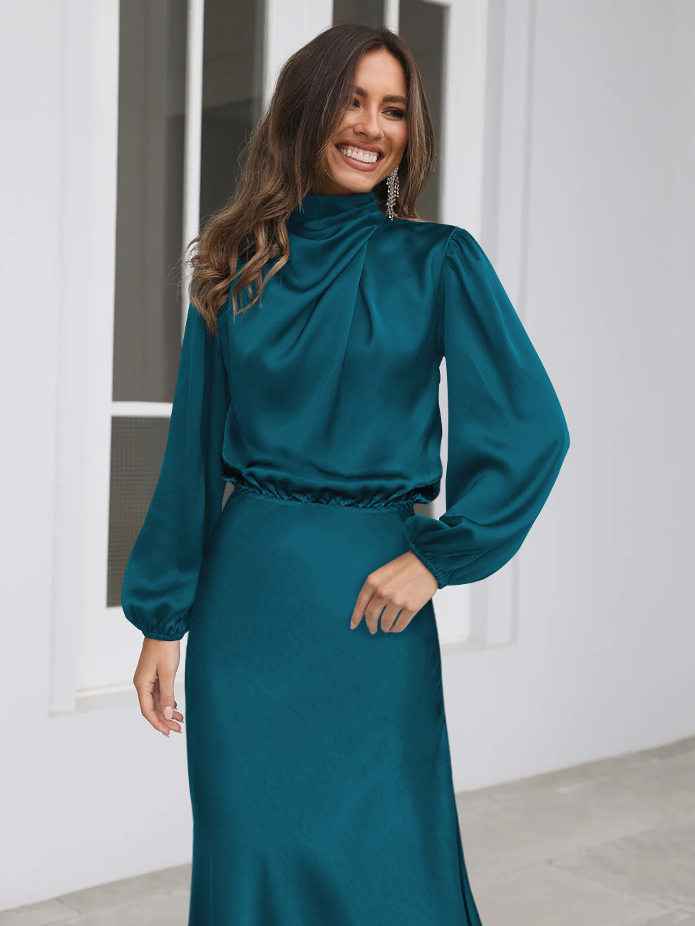 Midi Dresses- Satin Midi Dress with Cowl Drapes & Long Sleeves for Any Occasion- - IndioGear Fashion and Gear