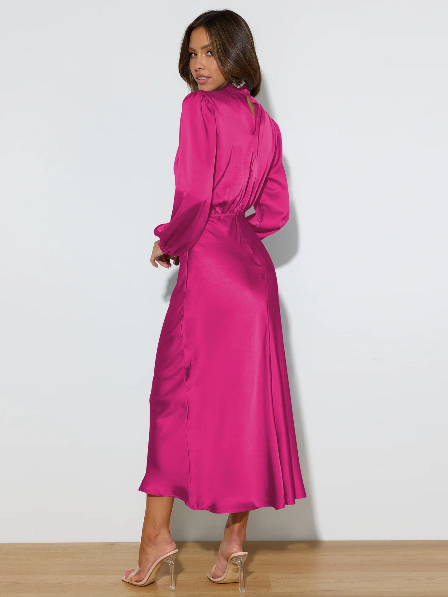 Midi Dresses- Satin Midi Dress with Cowl Drapes & Long Sleeves for Any Occasion- - IndioGear Fashion and Gear