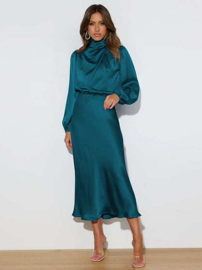 Midi Dresses- Satin Midi Dress with Cowl Drapes & Long Sleeves for Any Occasion- - IndioGear Fashion and Gear